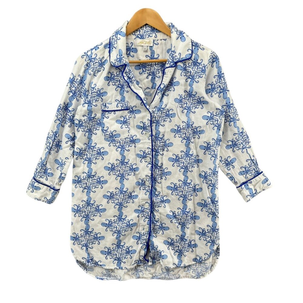 Jayes Studio Sleep Dress Womens Blue Octopus Long Sleeve Cotton Sateen Sz XS